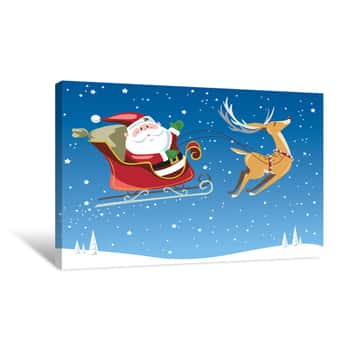 Image of Santa Claus Cartoon Flying Sleigh Canvas Print