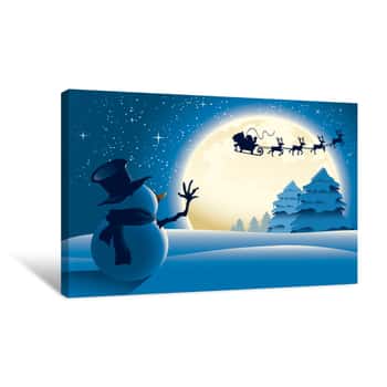 Image of Snowman Waving to Santa Canvas Print