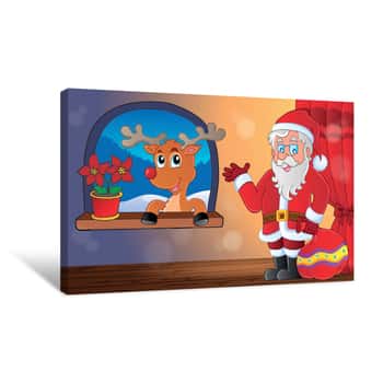 Image of Santa Claus With Reindeer Canvas Print