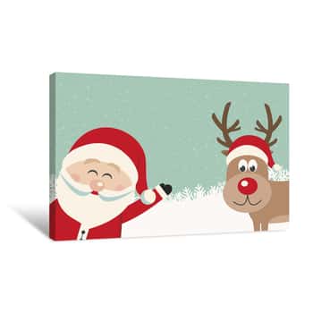 Image of Cartoon Santa Claus and Reindeer Canvas Print