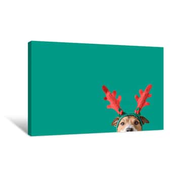 Image of New Year And Christmas Concept With Dog Wearing Reindeer Antlers Headband Against Solid Green Background Canvas Print