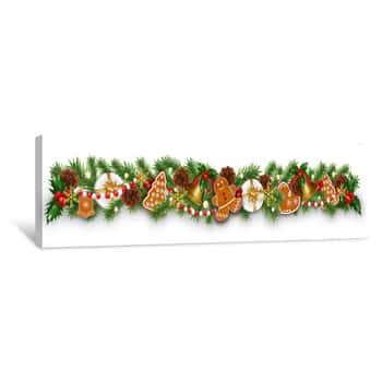 Image of Christmas Border Decorations Garland With Fir Branches, Gingerbread Cookies, Golden Bells, Holly Berries And Cones  Design Element For Xmas Or New Year On White Background  Vector Canvas Print
