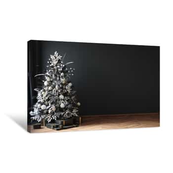 Image of Christmas Tree In Black Room Interior, 3d Render Canvas Print