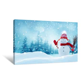 Image of Happy  Snowman Standing In Christmas Landscape Snow Background Winter Fairytale Merry Christmas And Happy New Year Greeting Card With Copy-space Canvas Print