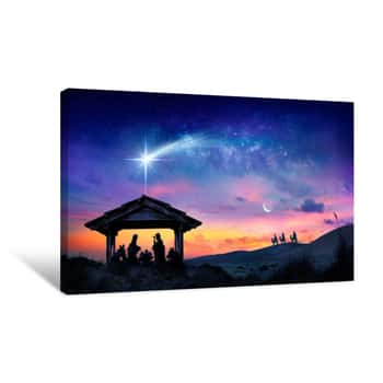 Image of Nativity Of Jesus - Scene With The Holy Family With Comet At Sunrise Canvas Print