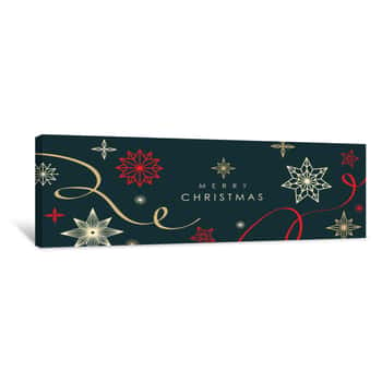 Image of Christmas Greetings Banner With Swirl Ribbons And Stars On Black Colour Background Canvas Print