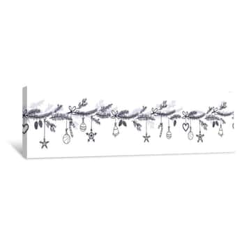 Image of Cute Hand Drawn Horizontal Seamless Pattern With Fir Branches And Hanging Decoration, Great For Christmas Banners, Wallpapers, Wrapping, Textiles - Vector Design Canvas Print