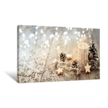 Image of White Christmas Candle On Rustic Wooden Boards -  Decoration With Natural Elements, Twigs, Pine Cones And Cookies  -  Advent Banner, Panorama With Magic Bokeh Lihgts Canvas Print