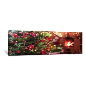 Image of Christmas Tree With Red Balls And Stars Canvas Print