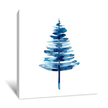 Image of Watercolor Winter Blue Christmas Tree Isolated On White Background  Hand Painting Illustration For Print, Texture, Wallpaper Or Element  Beautiful Watercolour Art  Minimal Style Canvas Print