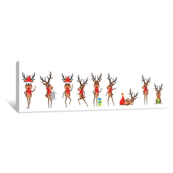 Image of Set Funny Deers, Christmas Reindeers, Cheerful Cartoons In Santa Hats With Gifts Canvas Print