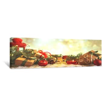 Image of Christmas And Zero Waste, Eco Friendly Packaging Gifts In Kraft Paper On A Wooden Table, Eco Christmas Holiday Concept, Eco Decor Banner Canvas Print