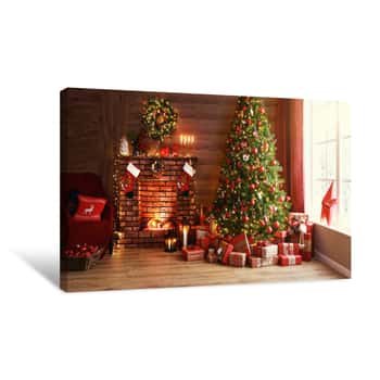 Image of Interior Christmas  Magic Glowing Tree, Fireplace, Gifts Canvas Print