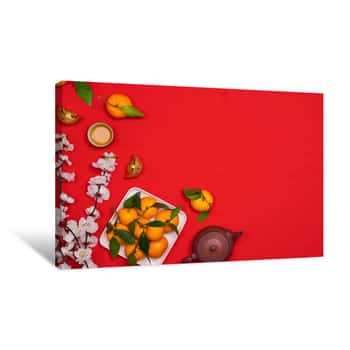 Image of Top View Accessories Chinese New Year Festival Decorations Orange,leaf,wood Basket,red Packet,plum Blossom On Red Background Canvas Print