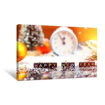 Image of Caption Happy New Year Made Of Bricks At Decorated Background Canvas Print
