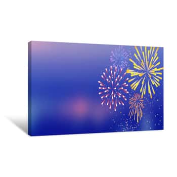 Image of Abstract Group Of Fireworks Explosion On Night Sky Background With Space For Happy New Year Celebrate 2019 Canvas Print