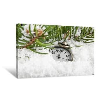 Image of Clock And Branch Of A Tree In The Snow Close-up Canvas Print