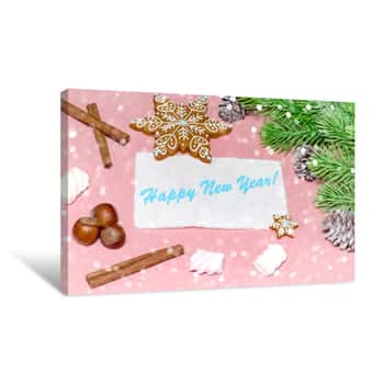 Image of Christmas Greeting Card Over Wooden Light Pink Table With Snow Fir Tree, Snowflakes, Nuts, Marshmallow And Cinnamon  Flat Lay Slyle Canvas Print