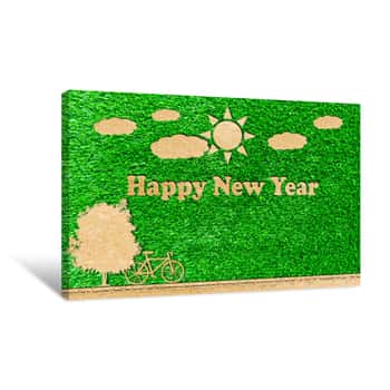 Image of Happy New Year Cards Paper Cut Of Bicycle Sun Tree Cloud On A Green Background Canvas Print