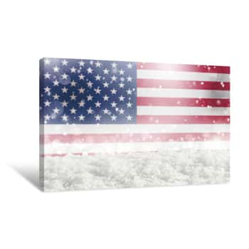 Image of Defocused American Flag As A Winter Christmas Background With Falling Snow, Snowdrift And Bokeh Canvas Print
