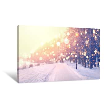 Image of Color Snowflakes On Winter Park Background  Snowfall In Park Canvas Print