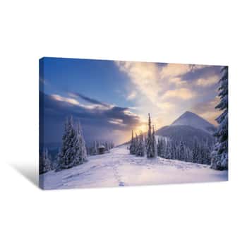 Image of Winter Landscape With A Dawn In Mountains Canvas Print