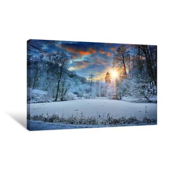 Image of Sunset Over Winter Forest Lake Canvas Print