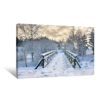 Image of Snowy, Wooden Bridge In A Winter Day  Stare Juchy, Poland Canvas Print