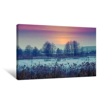 Image of Beautiful Winter Sunset Over Snowy Field Canvas Print