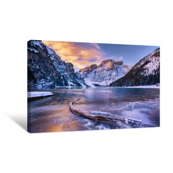 Image of Winter Sunrise With Colorful Cloudscape Over Lago Di Braies, Dolomites, Italy Canvas Print