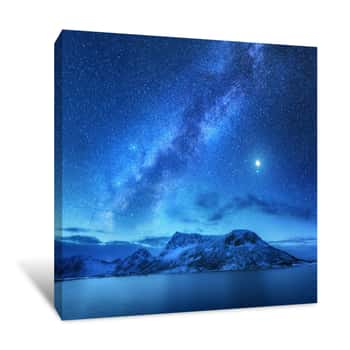 Image of Bright Milky Way Over Snow Covered Mountains And Sea At Night In Winter In Norway  Landscape With Snowy Rocks, Starry Sky, Reflection In Water, Fjord  Lofoten Islands  Space  Beautiful Milky Way Canvas Print