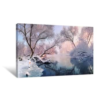 Image of Mostly Calm Winter River, Surrounded By Trees Covered With Hoarfrost And Snow That Falls On A Beautiful Pink Morning Light Christmas Lace Magnificent Winter Landscape In Pink Tones Europe Canvas Print