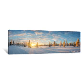Image of Snowy Landscape At Sunset, Frozen Trees In Winter In Saariselka, Lapland, Finland Canvas Print