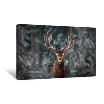 Image of Noble Deer Male In Winter Snow Forest  Artistic Winter Christmas Landscape Canvas Print
