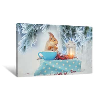 Image of The Squirrel At The Table Is Eating Nuts From A Cup In A Forest Winter Glade  Fairy-tale Forest Winter Picture Canvas Print