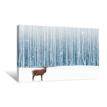 Image of Deer Male With Big Horns In The Winter Snowy Forest  Winter Natural Background  Christmas Artistic Image Canvas Print