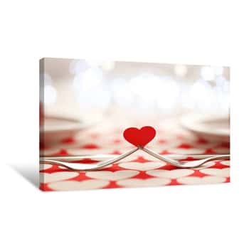 Image of Heart Between Two Forks On A Table Set For Two, Close Up Canvas Print