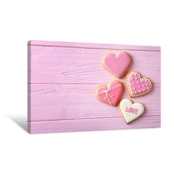 Image of Decorated Heart Shaped Cookies On Wooden Background, Flat Lay With Space For Text  Valentine\'s Day Treat Canvas Print