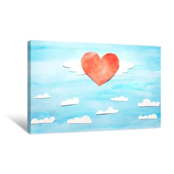 Image of Love Invitation Card Valentine\'s Day With By Wings Flying Above The Clouds  Objects Cut From Paper And Painted Over Watercolor Canvas Print