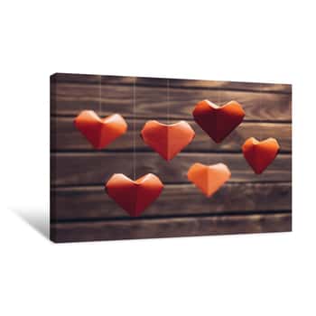 Image of Paper Origami Red Hearts, For Greeting Card In Valentines Day On Wooden Background Canvas Print