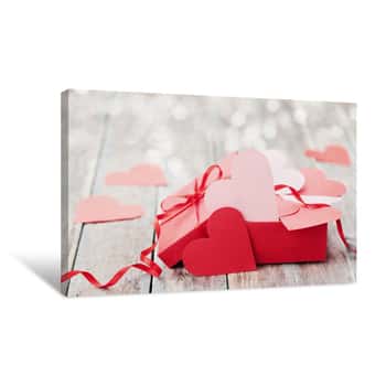 Image of Gift Box Full Of Hearts On Wooden Background For Saint Valentines Day Canvas Print