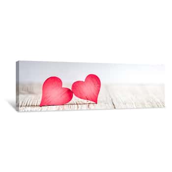 Image of Two Red Hearts On Wooden Background Canvas Print