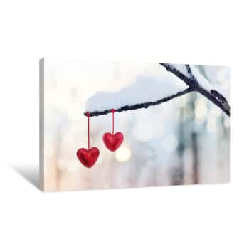Image of Red Hearts On Snowy Tree Branch In Winter  Holidays Happy Valentines Day Celebration Heart Love Concept Canvas Print