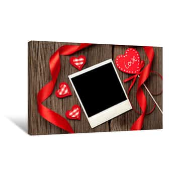 Image of Empty Polaroid Photo Frame With Hearts And Ribbons For Valentine Canvas Print