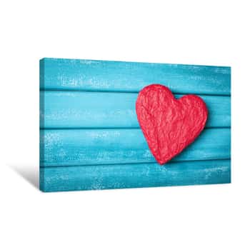 Image of Valentines Day Greeting Card  Red Shape Of Heart On Turquoise Wooden Background Top View  Copy Space Canvas Print