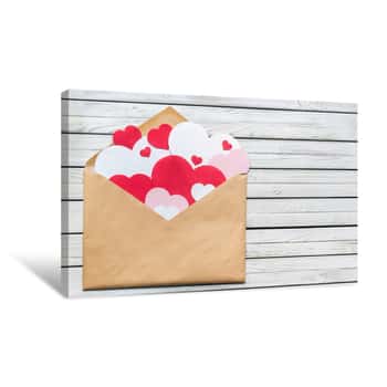 Image of Valentine Day Minimal Concept, Hanmade Gift - Craft Envelope With Pink, Red And White Paper Hearts On Gray Wooden Background Canvas Print