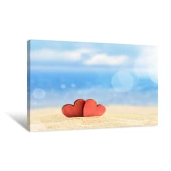 Image of Two Red Hearts On The Sandy Beach Canvas Print