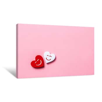 Image of Two Smiling Red And White Hearts On Pinc Paper Background, Relationship Valentines Day Concept Canvas Print