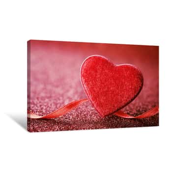 Image of Greeting Card On Saint Valentine Day With Red Heart And Ribbon On Bright Background Canvas Print