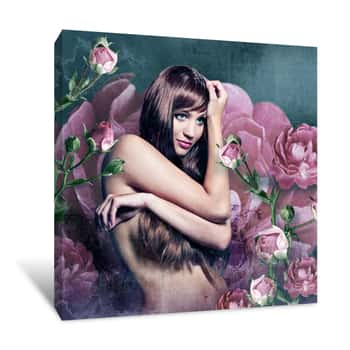 Image of Beautiful Girl in Roses Canvas Print